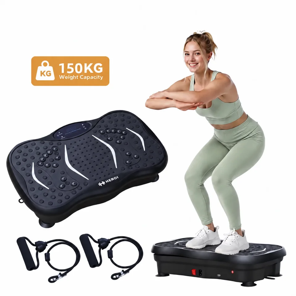 Plataforma vibratória HEROI com faixas de resistência e demonstração de uso
